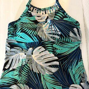St Johns Bay Tropical Tankini Swimwear Top Built-In Bra, Halter Strap Sz 14